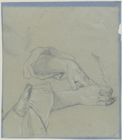 drawing: Two Hands of a Woman Writing with a Quill. black and white chalk on blue paper