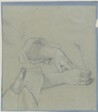 drawing: Two Hands of a Woman Writing with a Quill. black and white chalk on blue paper