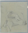 drawing: Two Hands of a Woman Writing with a Quill. black and white chalk on blue paper