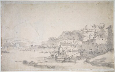 drawing: View of a Port  (recto). graphite and grey wash on paper