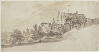 drawing: Landscape with Classical Ruins. brush and brown wash over graphite on paper