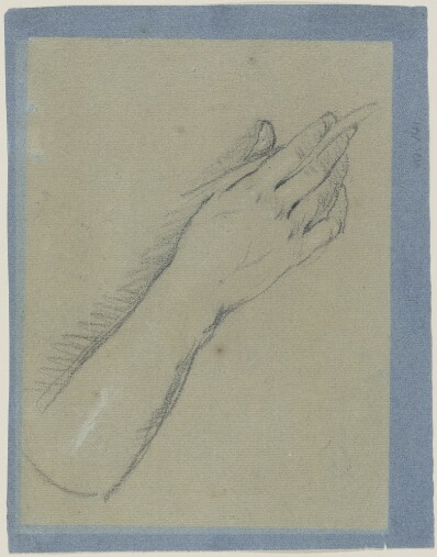 drawing: A Hand Holding a Stylus. black and white chalk on blue paper