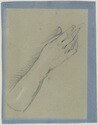 drawing: A Hand Holding a Stylus. black and white chalk on blue paper