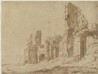 drawing: View of the Aurelian Walls of Rome (a); sketch of exterior wall (b). brush and brown ink and brown wash over black chalk on paper