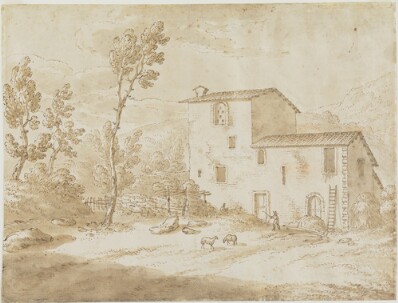 drawing: Landscape with Farm Building. pen and brown ink, brown wash, over black chalk on paper