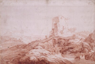 drawing: Landscape with Stream and Ruins. red chalk on paper