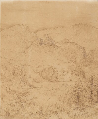 drawing: Alpine Landscape (View of Waltensburg). pen and brown ink on paper
