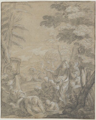 drawing: The Israelites Gathering Manna. black chalk and grey wash on brown laid paper