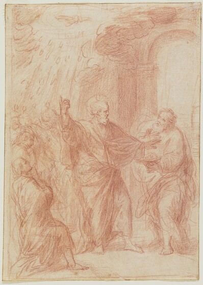 drawing: Peter Denouncing Simon (a); Christ Delivering the Keys to Peter (b). red chalk on paper