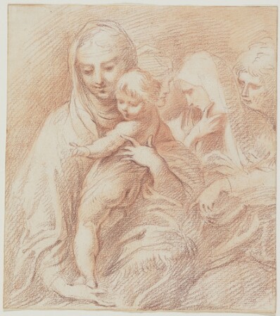 drawing: Madonna and Child with Three Holy Women. red chalk, rubbed areas on paper