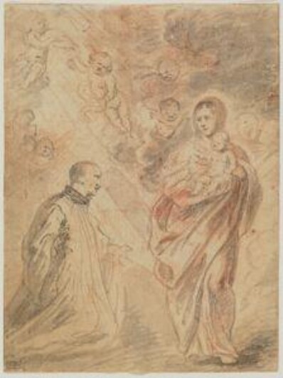 drawing: Madonna and Child Appearing to St. Ignatius (a); architectural studies (b). brush and black ink, grey wash and red chalk on paper