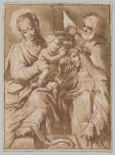 drawing: Holy Family with Saint Catherine. pen and brown ink, brown wash, red chalk heightened with white on paper