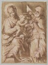 drawing: Holy Family with Saint Catherine. pen and brown ink, brown wash, red chalk heightened with white on paper
