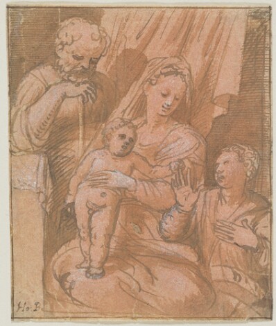 drawing: Holy Family. pen and brown ink, brown and pink washes (verso: black chalk) on paper