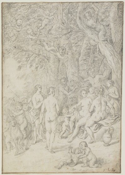 drawing: Bacchus, Nymphs and Satyrs. black chalk on paper