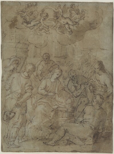 drawing: Adoration of the Shepherds. pen and brown ink, brown wash over black and white chalk on blue laid paper