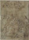 drawing: Adoration of the Shepherds. pen and brown ink, brown wash over black and white chalk on blue laid paper
