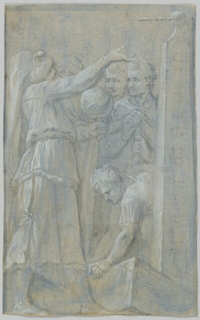 drawing: Figures Around an Obelisk. brush and grey/blue wash highlighted with white on brown paper