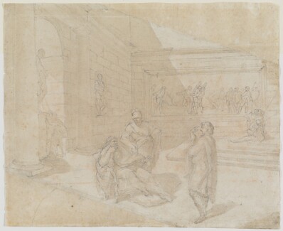 drawing: Classical Scene. black chalk, grey-brown wash, traces of red chalk on paper
