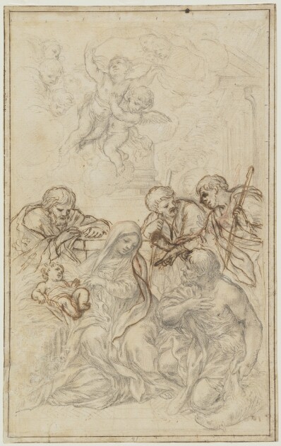 drawing: Adoration of the Shepherds. black chalk, touches of red chalk, with pen and brown ink on paper