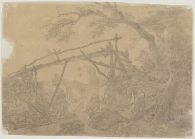 drawing: Landscape with Wooden Bridge. pen and grey ink, grey wash over black chalk on paper