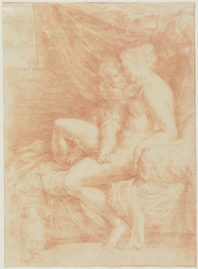 drawing: Woman and Child Seated on Bed. red chalk on paper