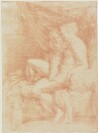 drawing: Woman and Child Seated on Bed. red chalk on paper