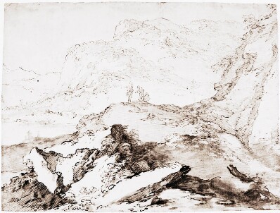 drawing: Rocky Landscape. pen and brown ink, brown wash, over traces of black chalk on paper