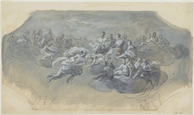 drawing: Mercury Bearing Psyche to Olympus. pen and brown ink, brush and black ink, blue-grey wash, over graphite heightened with white on paper