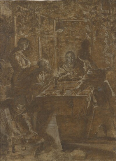 drawing: The Supper at Emmaus. pen and brown ink, brown wash heightened with white on brown prepared paper
