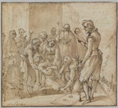 drawing: An Entombment. pen and brown ink with brown wash over graphite and black chalk on paper