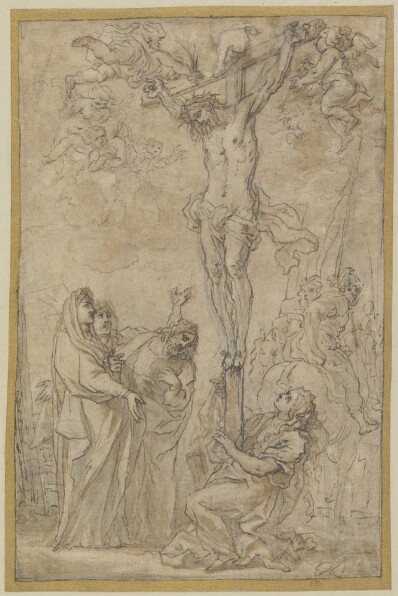 drawing: Crucifixion. pen and brown ink, brown and grey wash, over graphite on paper