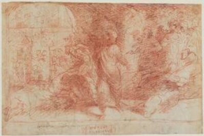 drawing: Publius Mutius Condemning His Colleagues to be Burnt (a); Male Figure Study (b). red chalk on paper