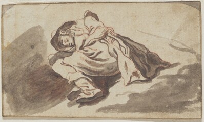drawing: Man Lying Asleep. red chalk and brown wash on paper