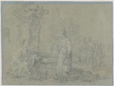 drawing: Christ and the Samaritan Woman. black and white chalk on blue laid paper