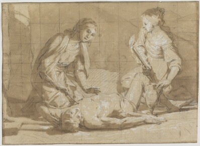 drawing: St. Sebastian Nursed by Saint Irene and Attendant. brush and brown wash over black chalk, squared in black, on brown paper