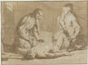drawing: St. Sebastian Nursed by Saint Irene and Attendant. brush and brown wash over black chalk, squared in black, on brown paper